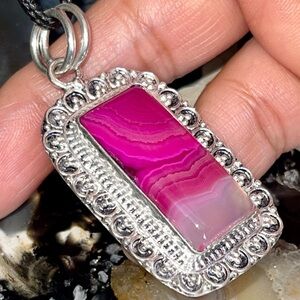 Petite Rectangular Pink Lace Agate Pendant 2”